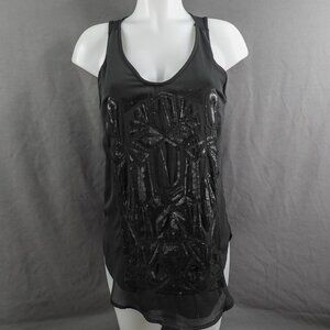 Womens Tank Top Small Oversize Black Sequin Glam Statement Indie Flowy Sheer NEW